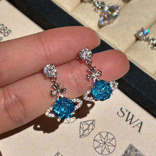 999纯银玫瑰切蓝红色华子钻石土星球耳钉女轻奢高级耳环气质耳饰