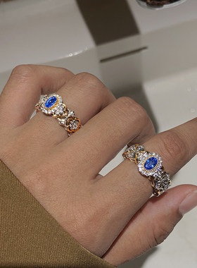 蓝色宝石复古戒指女金银色2026新款小众设计精致轻奢高级感食指环