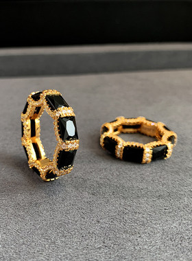 黑色玛瑙戒指女轻奢小众设计师中古高级感复古夸张个性宝石食指环