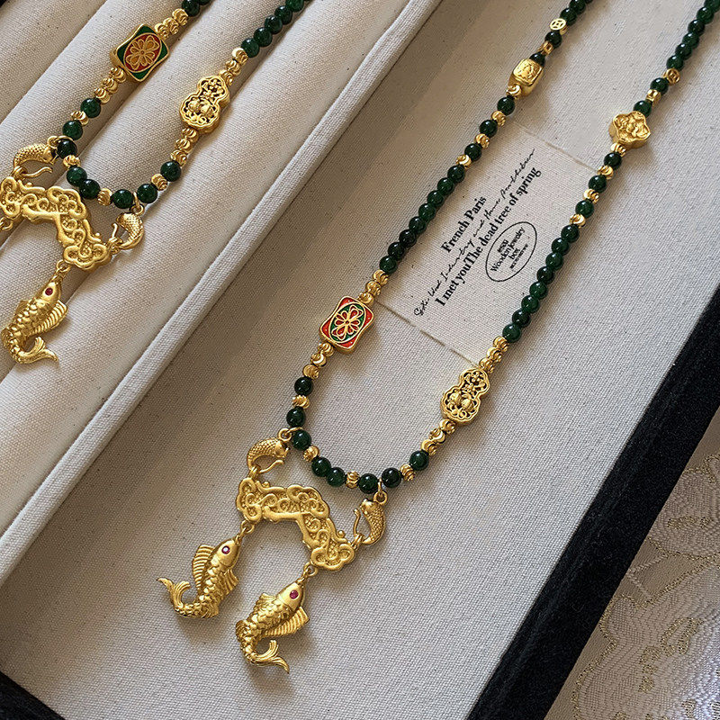 古法沙金绿色玛瑙碧玉项链女款轻奢小众国风新中式珍珠长款毛衣链