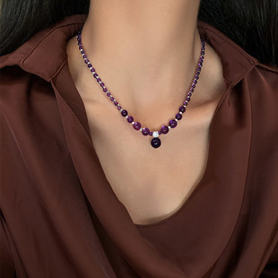 天然紫色水晶串珠项链女吊坠轻奢高级感2026新款秋冬毛衣链锁骨链