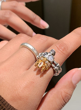 骷髅头复古嘻哈戒指女高级感闪钻小众设计开口食指戒时尚个性指环