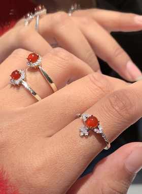 925纯银天然红色玛瑙开口戒指女款轻奢高级感小众新款玉髓食指戒