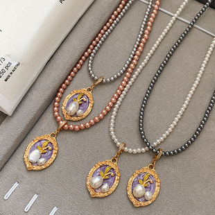 万能扣diy紫色吊坠2026新款珍珠项链女款复古轻奢秋冬锁骨毛衣链