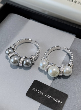 施家灰色珍珠戒指女2025新款澳白小众设计高级感开口戒可调节指环