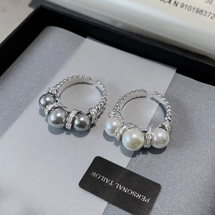 施家灰色珍珠戒指女2025新款澳白小众设计高级感开口戒可调节指环