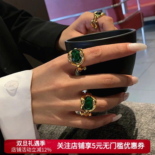 祖母绿色宝石轻奢戒指女