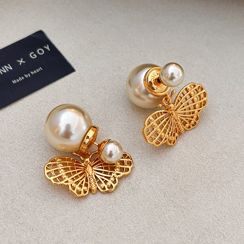 老钱风金色双面大珍珠耳环女蝴蝶耳钉轻奢高级感耳饰2026新款耳坠