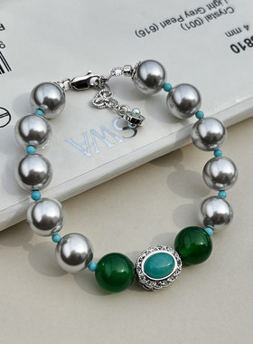 天然绿玉髓紫水晶松石真多麻灰色珍珠手链女轻奢高级手串玛瑙手饰