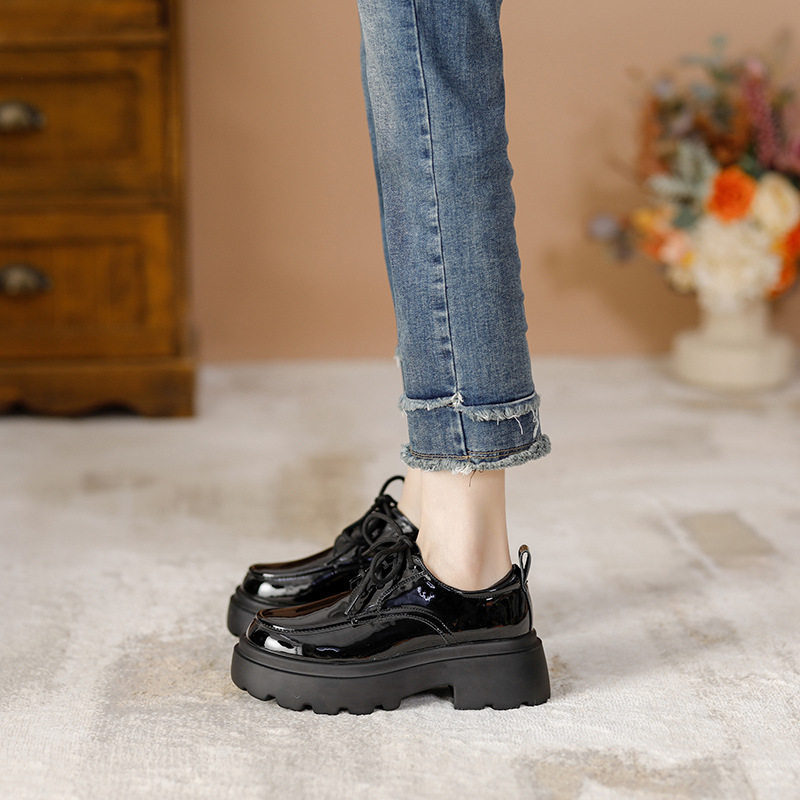 英伦风复古乐福鞋女2026秋冬新款厚底粗高跟小个子时尚系带小皮鞋