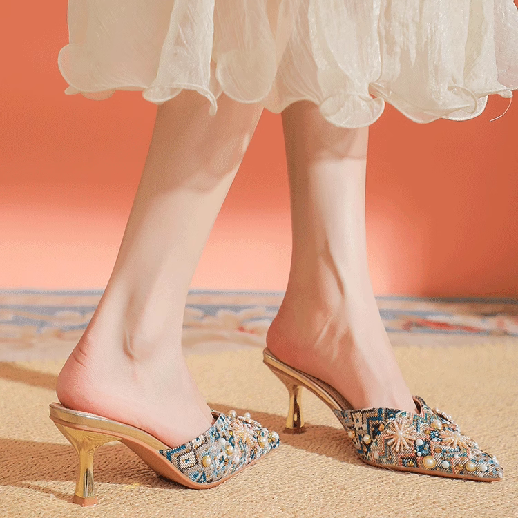 2026春季新款网红水钻半拖单鞋外穿时尚尖头高跟鞋细跟包头凉鞋女