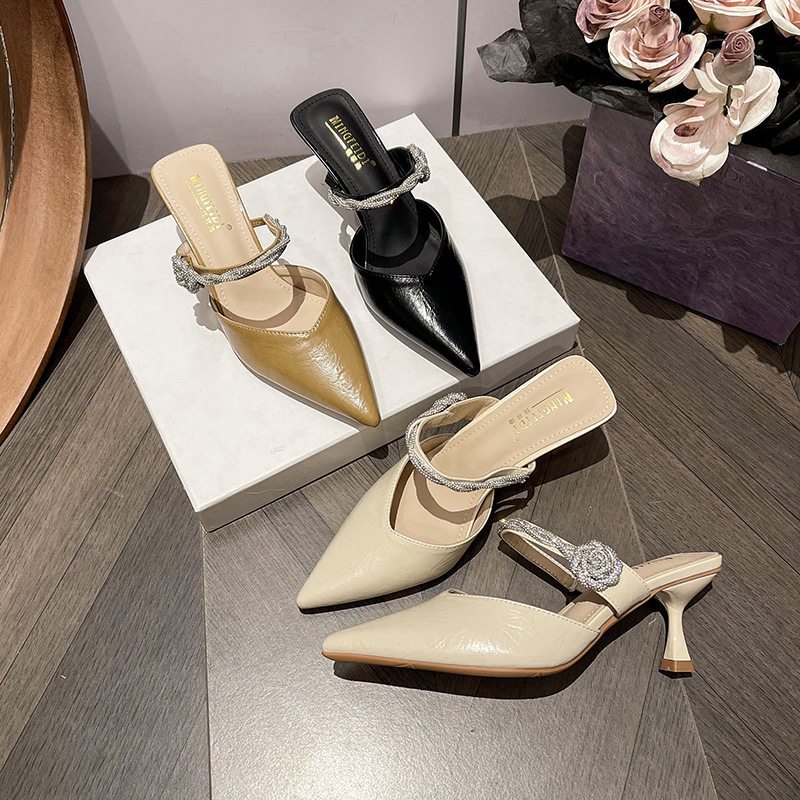 包头半拖鞋2026新款夏季外穿一字带水钻细跟高跟凉拖鞋女尖头百搭