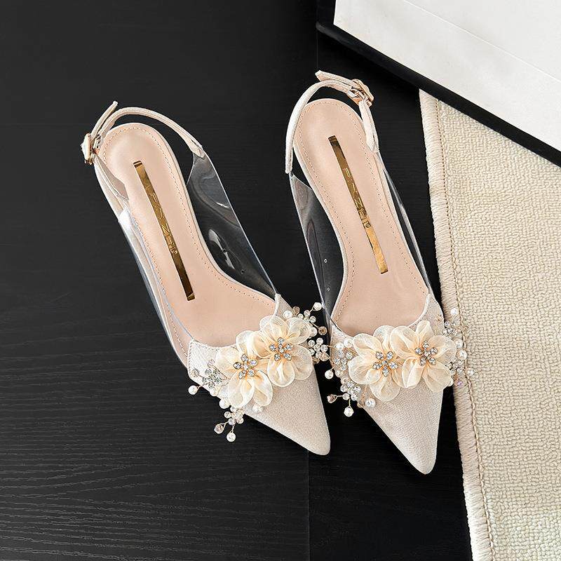 法式小高跟凉鞋女2026新款外穿仙女风包头凉鞋双生花水钻尖头细跟