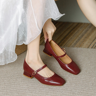 复古方头一字扣玛丽珍单鞋2026春季新款真皮粗跟法式百搭中跟女鞋