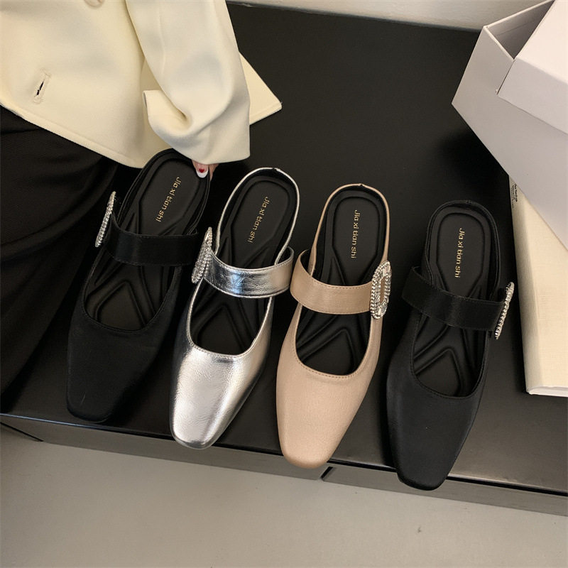 法式低跟银色包头半拖鞋女春夏季外穿方头一字带水钻扣穆勒凉拖鞋,女鞋,包头拖,淘宝优惠券,粉丝福利购,淘宝优惠卷