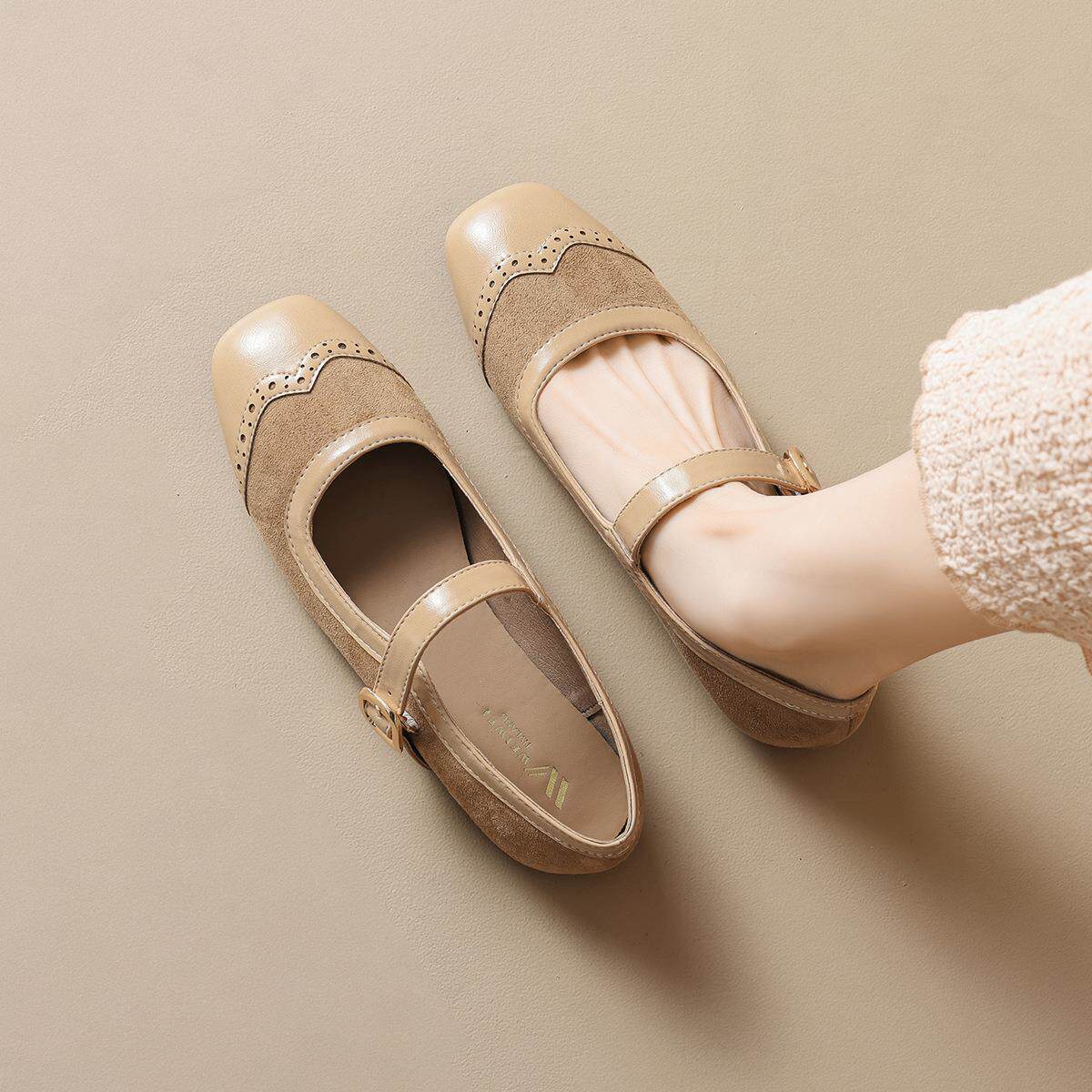 时尚百搭圆头法式晚晚风玛丽珍鞋女一字带复古布洛克浅口平底单鞋