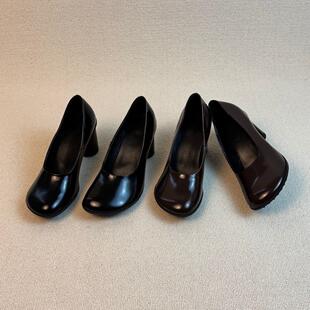 通勤气质高跟鞋 羊皮版 女粗跟百搭小皮鞋 圆头7cm浅口单鞋 宅女同款