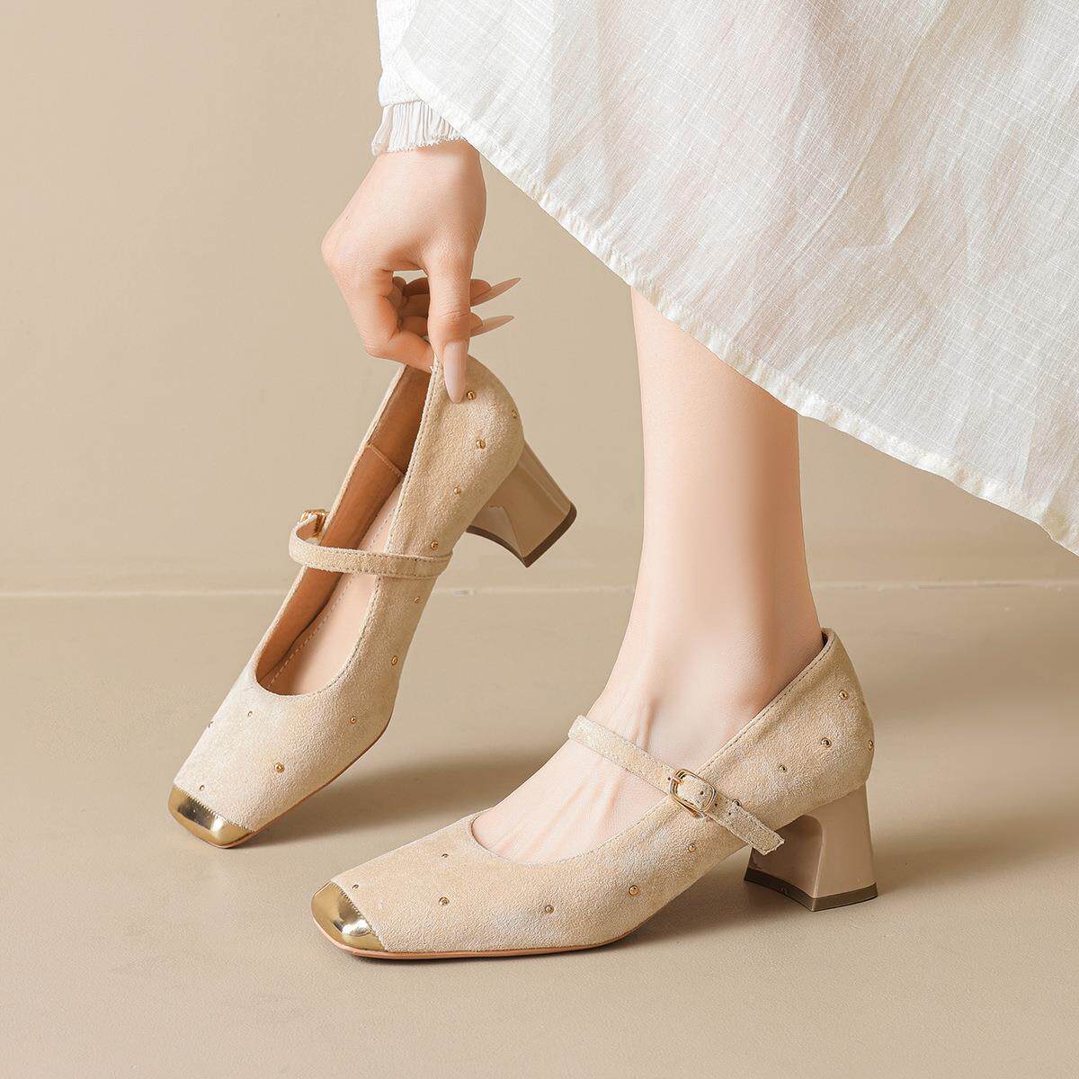 时尚百搭日常舒适复古方头一字带玛丽珍单鞋女不累脚浅口高跟鞋女
