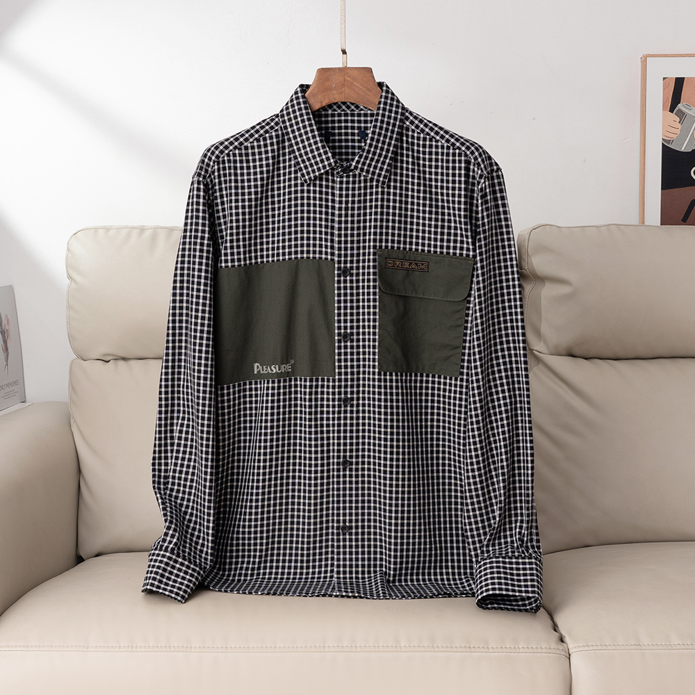 格纹拼接长袖衬衫舒适透气上衣