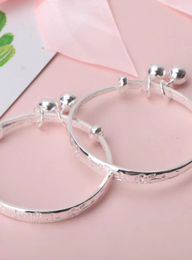 铃铛婴儿出生满月实心纯银手镯