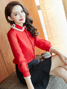 秋款女装 2021年潮流 衬衫七分袖POLO领红色显瘦雪纺衫 洋气 超仙