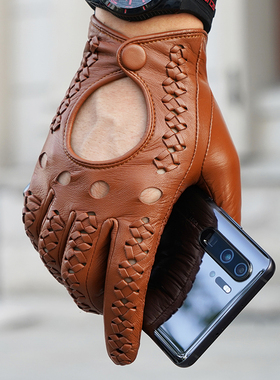 罗欧蒂斯男士冬季复古电动摩托车机车骑行防风皮手套开车触屏薄款