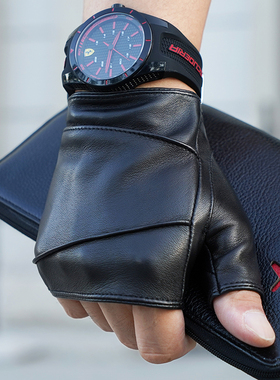 罗欧蒂斯真皮手套男士短款半指骑车运动皮手套秋冬露指半截皮手套
