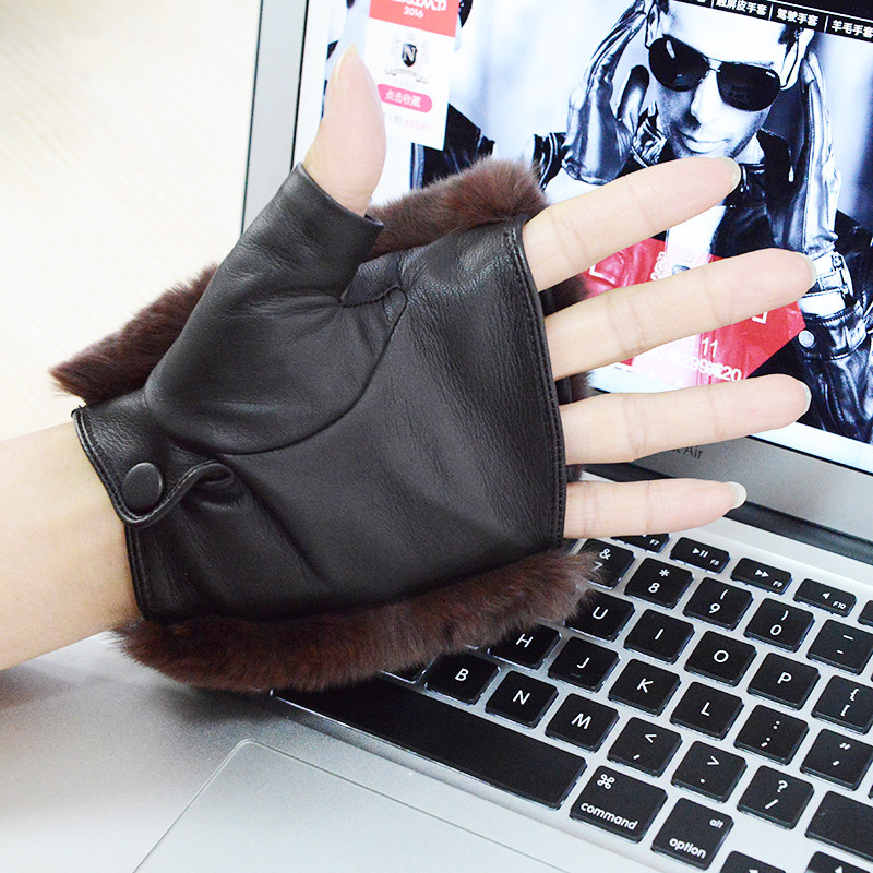罗欧蒂斯男士冬季保暖时尚个性獭兔毛半指皮草真皮手套半截露指女