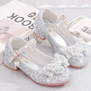 水晶鞋 公主鞋 儿童走秀舞台表演银色皮鞋 高跟礼服单鞋 女童春秋新款