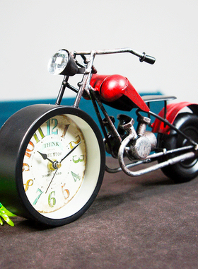 创意摩托车儿童炫酷学生时钟男女孩复古工业风铁艺装饰金属摆件