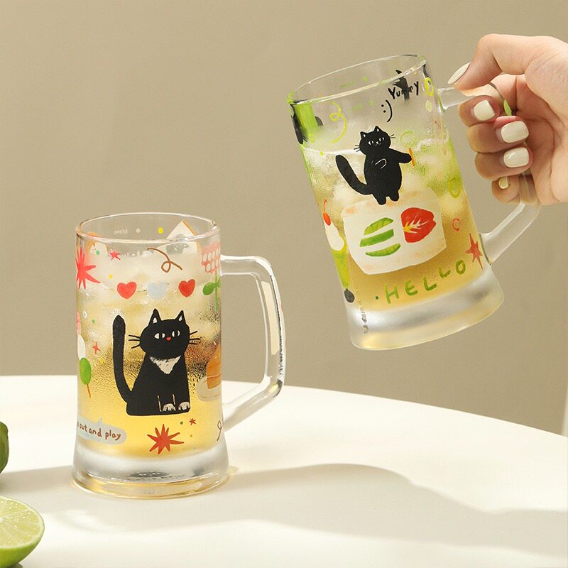 高颜值果汁杯小黑猫啤酒杯冷饮杯家用喝水杯子生日礼物