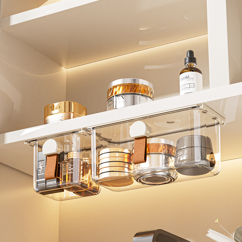 化妆品收纳盒下挂隐藏抽屉式透明置物架桌面口红棉签发卡整理盒子