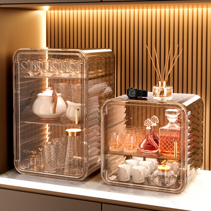 防尘桌面收纳柜茶具置物架水杯大容量透明咖啡酒杯香水摆放储物架,收纳整理,桌面收纳盒,淘宝优惠券,粉丝福利购,淘宝优惠卷