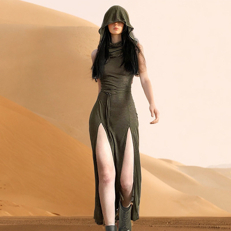 欧美辣妹2023夏季新款纯色无袖套头连帽性感开叉长款镂空女连衣裙