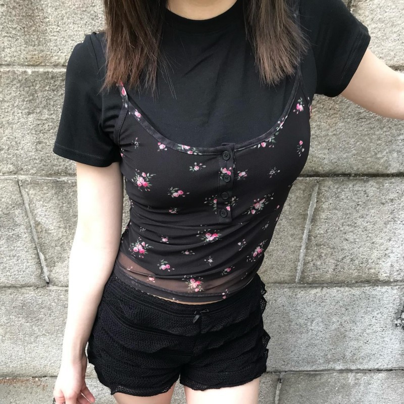 欧美时尚辣妹风夏季新款无袖吊带印花修身短款网纱甜辣女装小背心