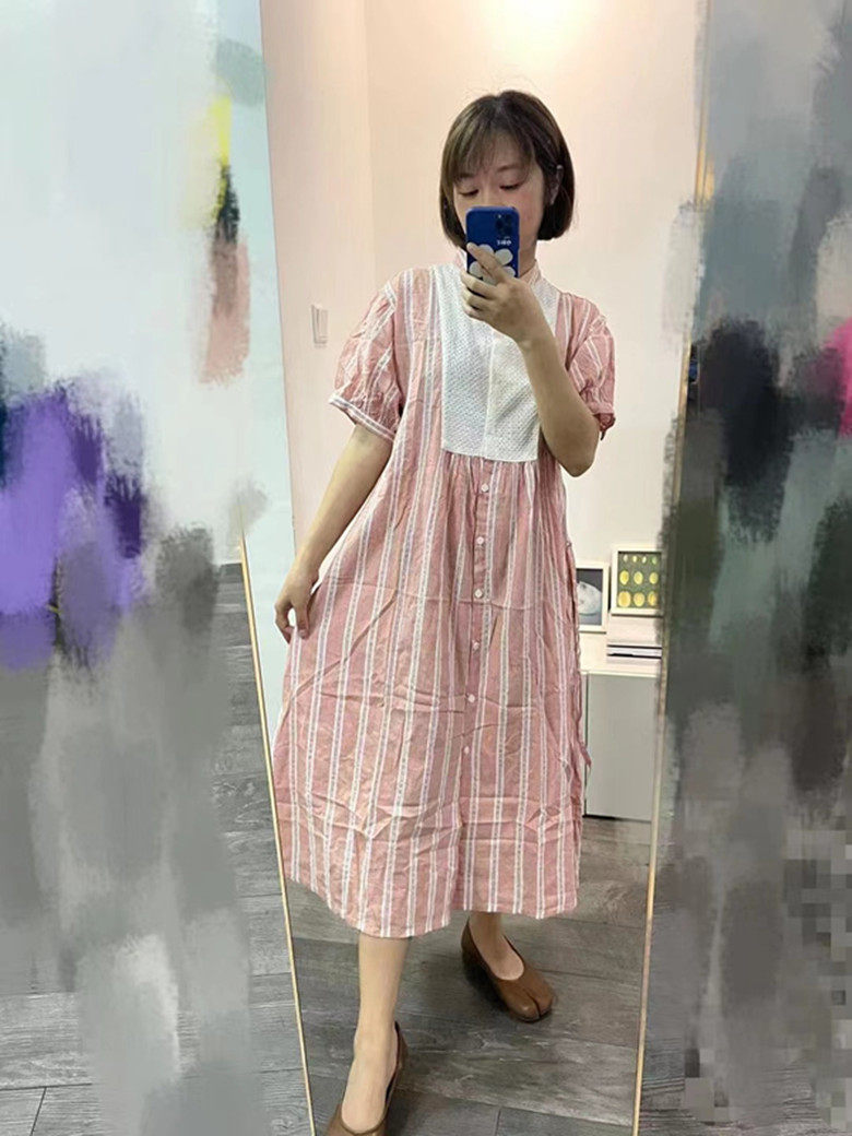 新上日系女超美夏季短袖条纹纯棉柔软蕾丝抗皱减龄收腰系带连衣裙