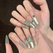 波斯少女 冰花方钻穿戴甲薄荷绿斜边碎钻猫眼轻奢冰蓝气质美甲