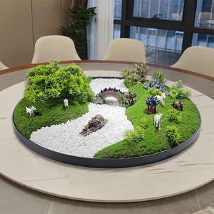 新中式酒店餐桌中间摆件饭店大圆桌电动转盘摆花微缩景观沙盘装饰