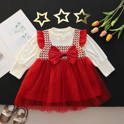 婴儿礼服法式纱裙假两件长袖春夏