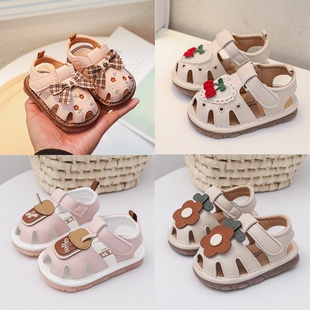 夏季镂空女宝宝哨子叫叫鞋花朵可爱软底婴儿鞋学步鞋百搭透气包头