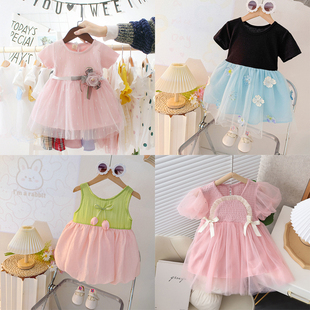 女童公主裙夏季新款短袖网纱连衣裙宝宝甜美中裙蓬蓬裙透气生日裙