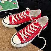 大红色低帮男女同款 青春潮流平底休闲帆布鞋 百搭韩版 港风休闲时尚