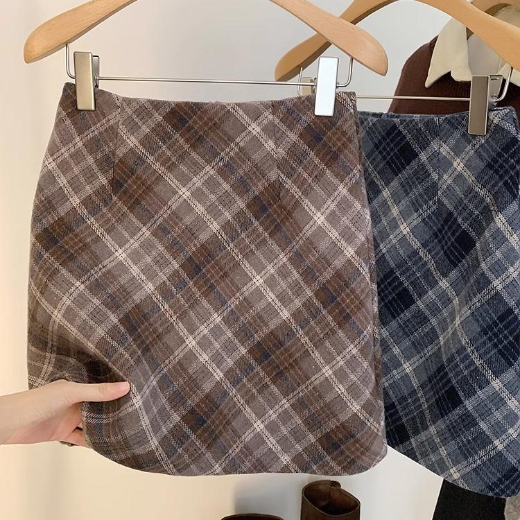 大码复古撞色加厚斜纹格子毛呢裙高腰显瘦咖啡A字包臀裙半身短裙