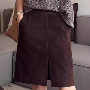 咖色麂皮绒半身裙女秋冬大码 高腰显瘦包臀裙防走光中裙开叉直筒裙