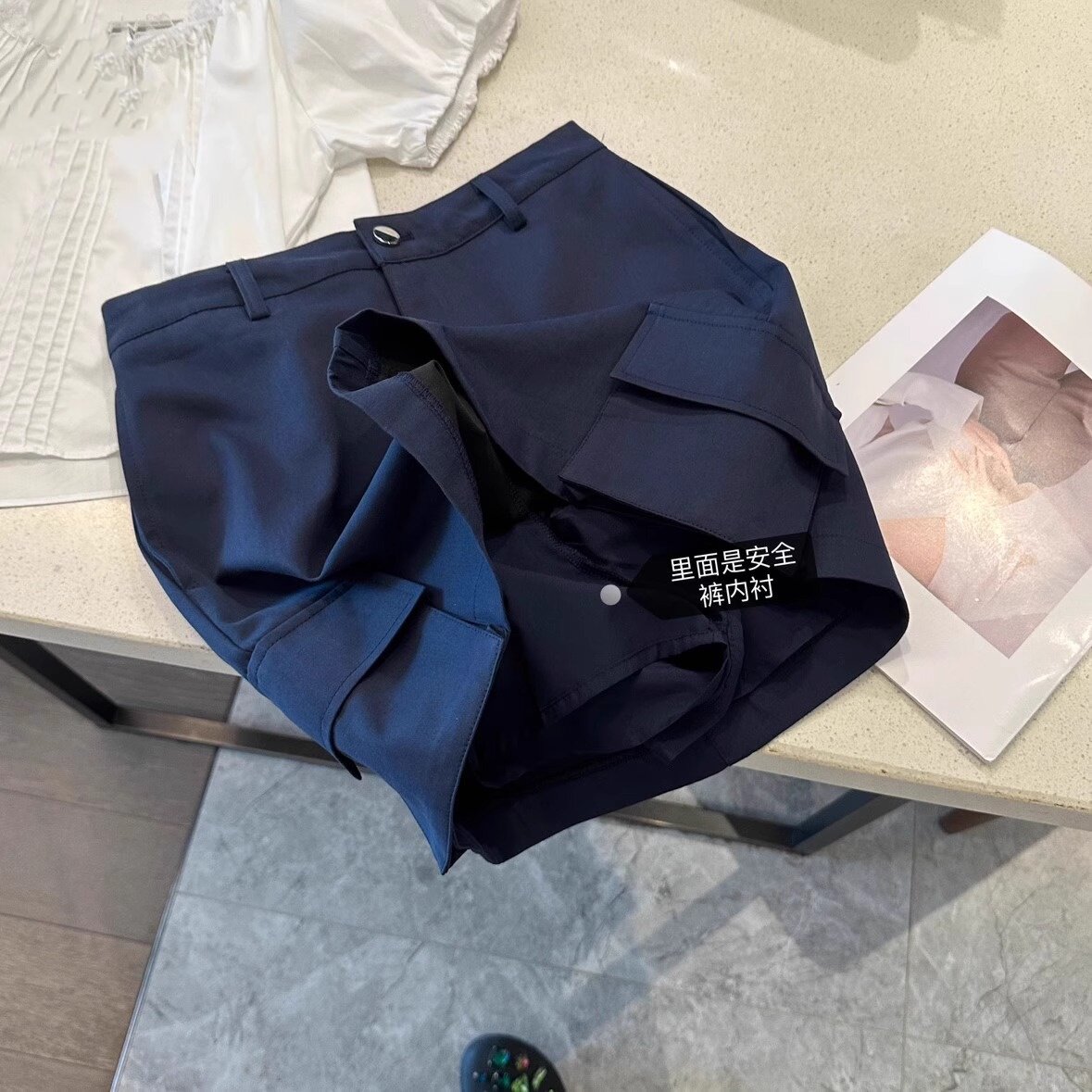 深蓝色西装半身裙女夏季新款大码胖mm高腰口袋工装裙显瘦a字短裙