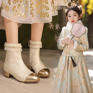 女童新中式国风高跟鞋秋冬走秀礼服配旗袍靴子大童马面裙儿童短靴