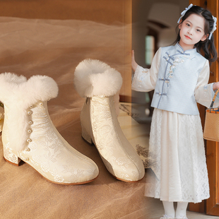 冬季加绒新中式国风配旗袍裙子短靴子女童汉服鞋公主鞋儿童马丁靴