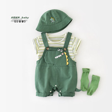 婴儿夏季衣服连体衣男宝宝可爱新生薄款纯棉外出绿色百天两件套装