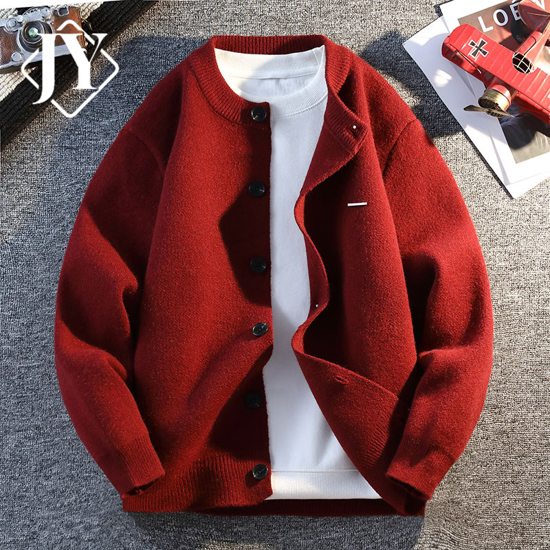 红色休闲针织开衫男外套2026新款秋冬季潮流简约圆领高级感毛衣