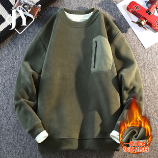 橄榄绿摇粒绒卫衣男加厚保暖上衣潮流时尚口袋设计秋冬加绒打底衫
